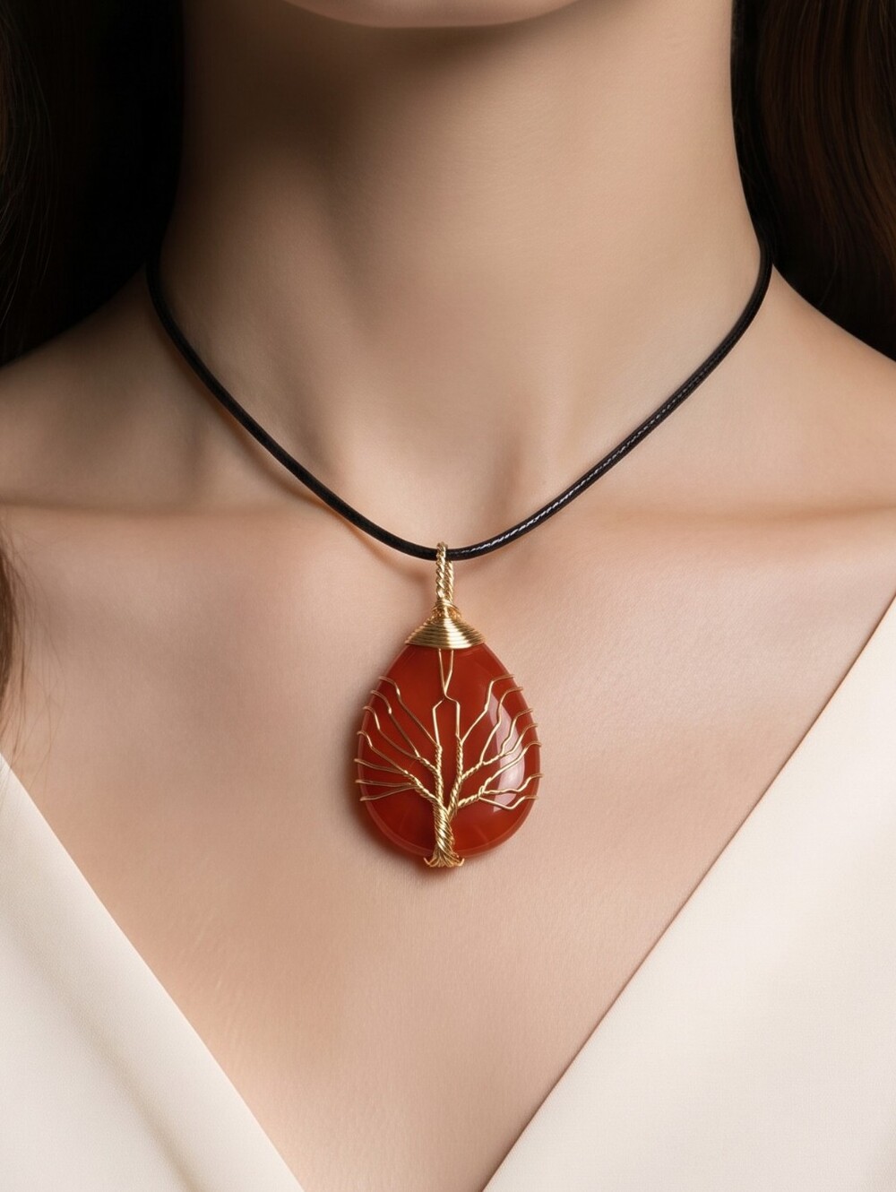 Natural Red Jasper Tree of Life Wire Wrapped Necklace Gold Pendant Genuine Stone